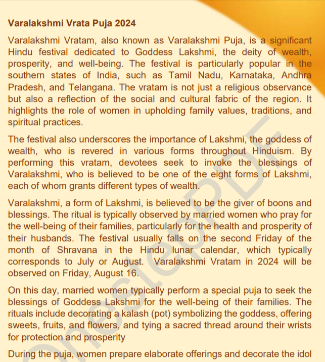 Varalakshmi Vrata Puja 16 August 2024