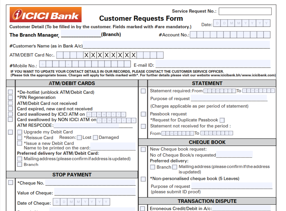 ICICI Customer REquest Form PDF