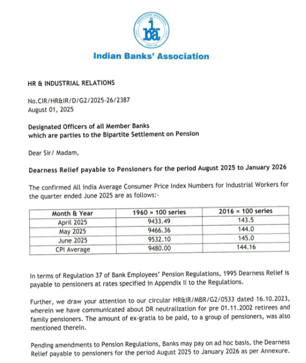 Dearness Relief to Bank Pensioners from Aug 2025 to January 2026