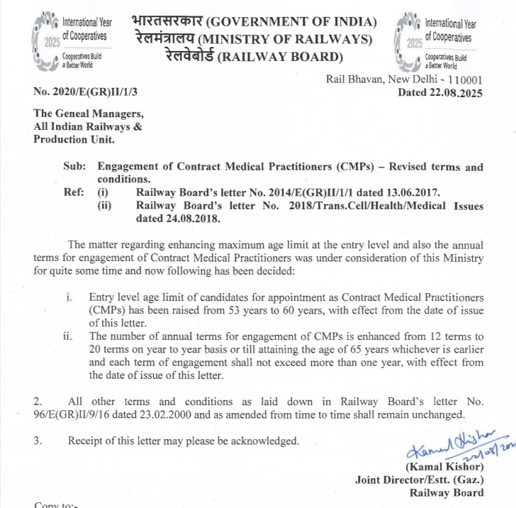Engagement of Contract Medical Practitioners (CMPs) – Revised Terms & Conditions