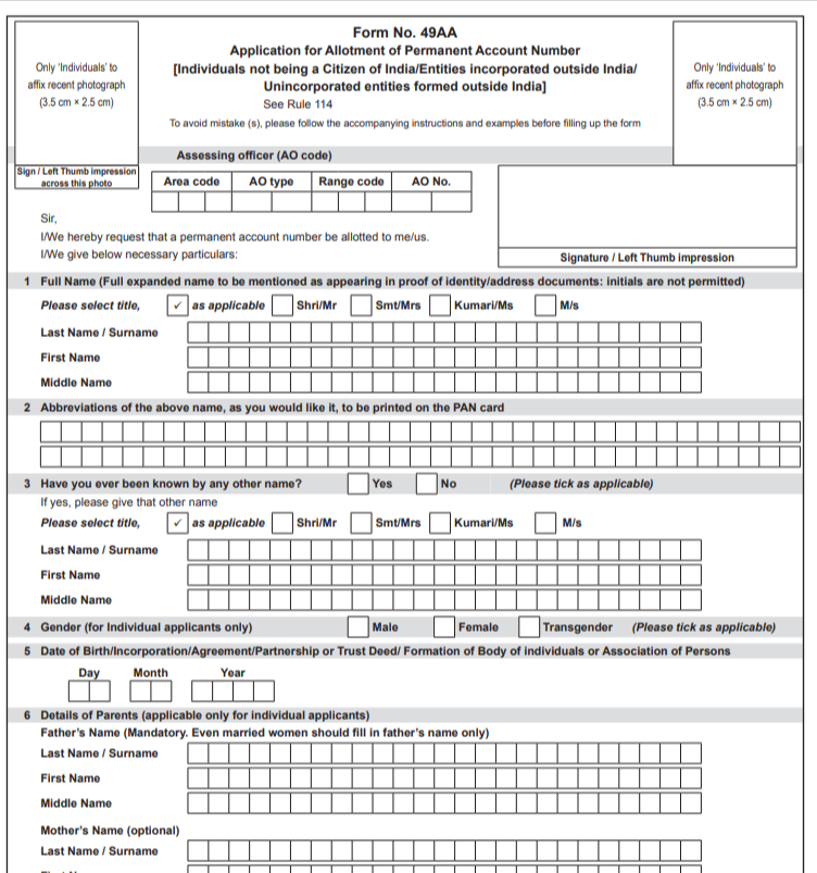 Pan Card Form 49AA for foreign citizens