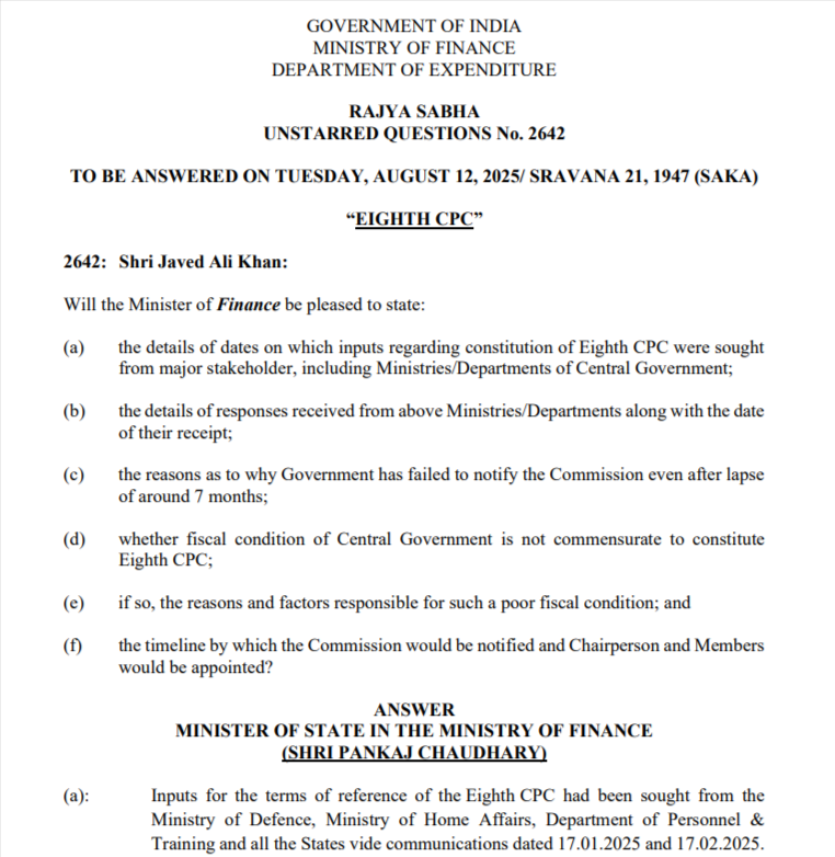 Rajya Sabha Unstarred Question No. 2642 – 8th Central Pay Commission (CPC)