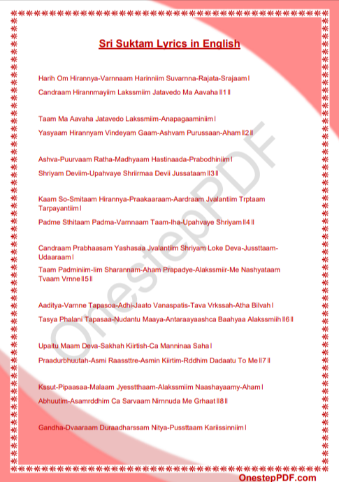 Sri Suktam Lyrics in English PDF