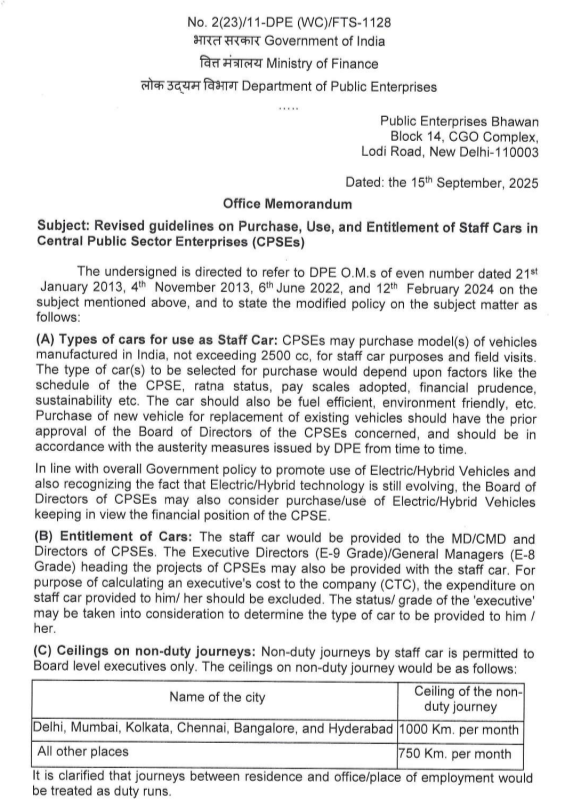 Revised Guidelines on Purchase, Use & Entitlement of Staff Cars in CPSEs 2025